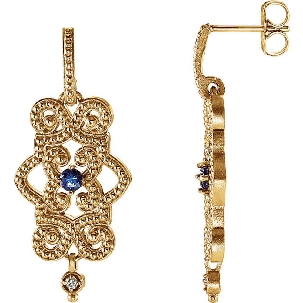 Wonderful 14Kt yellow gold dangle earrings with genuine tanzanite and full cut diamonds. Diamonds are G-H in color and I1 or better in clarity. Polished to a brilliant shine.