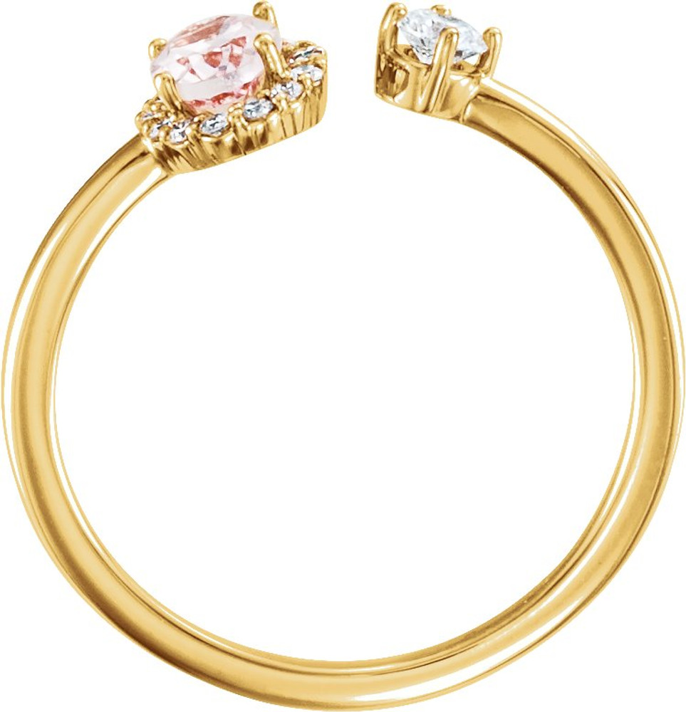 14k Yellow Gold Natural Morganite & Diamond Halo Negative Space Ring, Set with 1 qty 6 x 4 mm Oval Faceted Morganite which is equivalent to 0.43 carats. Total diamond carat weight in this ring is 1/6 CTW.

From the International Colored Gemstone Association: "Alongside emerald and aquamarine, Morganite is certainly the best known gemstone from the colourful group of the beryls. Women the world over love Morganite for its fine pink tones which radiate charm, esprit and tenderness."