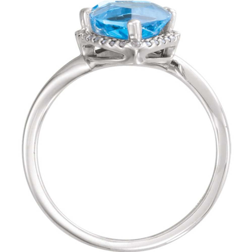 Made in Platinum, this exquisite design features Swiss Blue Topaz gemstones accented with full cut diamonds. Both gemstones representing your friendship and loving commitment.