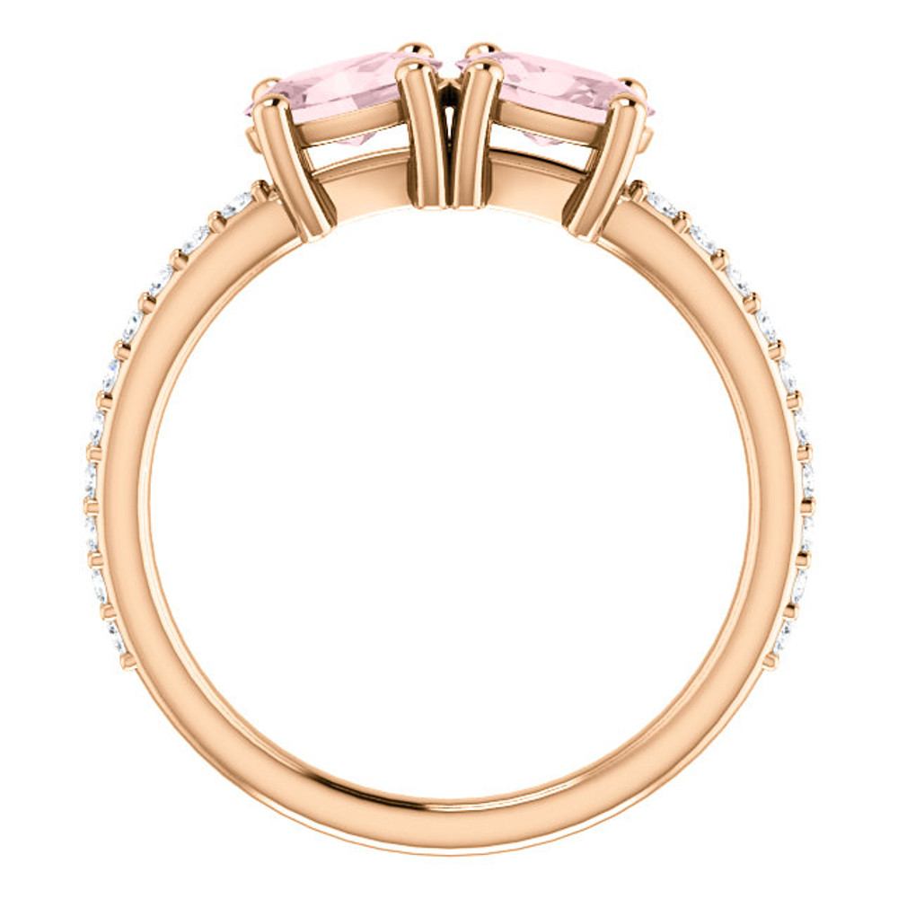 Stand out with this stunning ring, beautifully crafted of 14-karat rose gold and set with genuine morganite and diamonds. A high polish finish completes the ring with a radiant shine. Both gemstones representing your friendship and loving commitment.