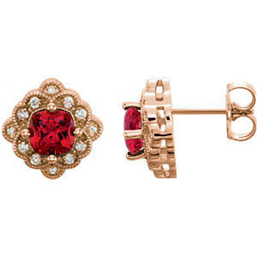 Chatham® Created Ruby & 1/10 CTW Diamond Earrings In 14K Rose Gold