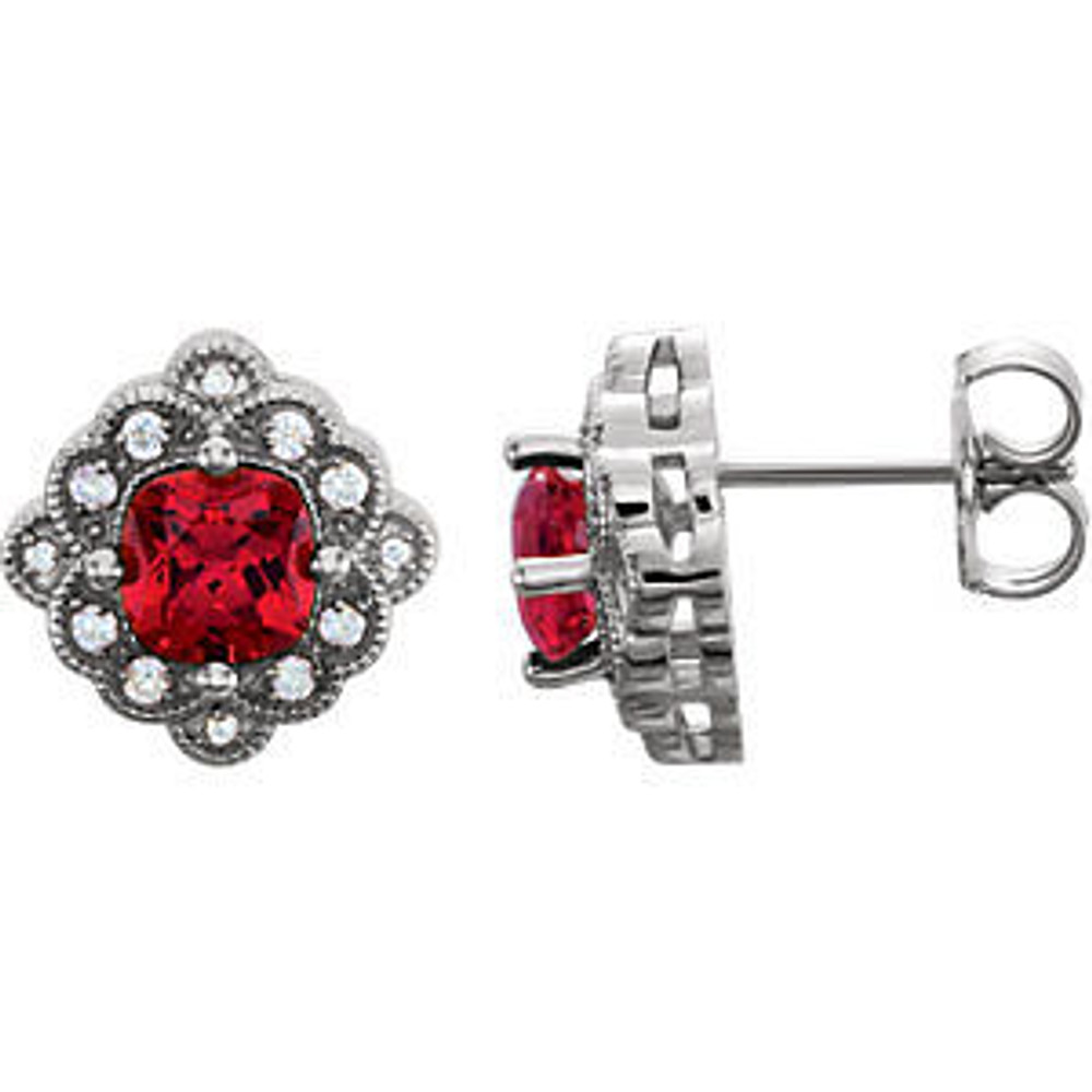 Chatham® Created Ruby & 1/10 CTW Diamond Earrings In 14K White Gold