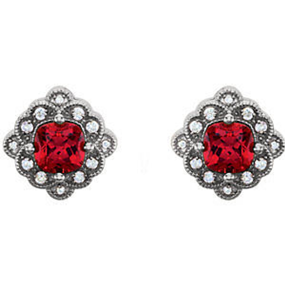 Chatham® Created Ruby & 1/10 CTW Diamond Earrings In 14K White Gold