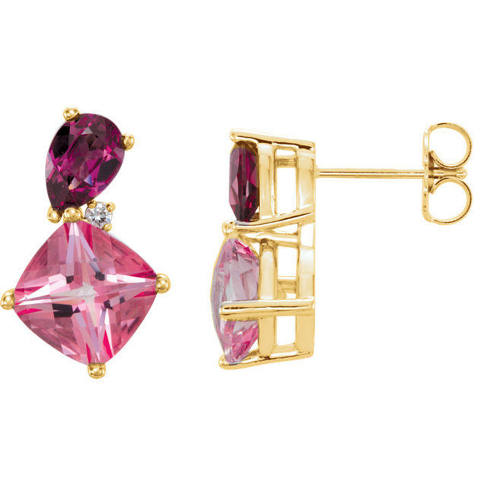 Beautiful multi shape earrings featuring gorgeous Garnet Rhodolite and Topaz Passion gemstones. Diamonds are G-H in color and I1 or better in clarity. Polished to a brilliant shine. 