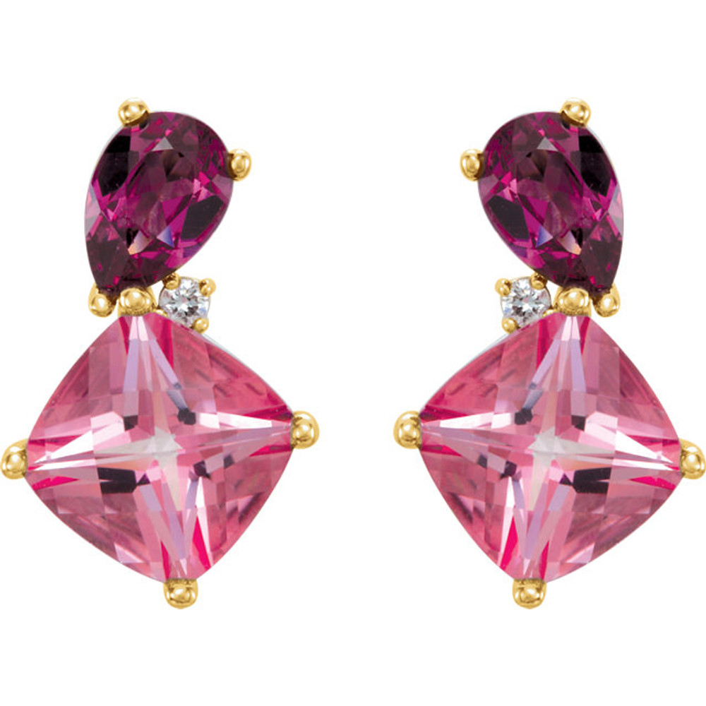 Beautiful multi shape earrings featuring gorgeous Garnet Rhodolite and Topaz Passion gemstones. Diamonds are G-H in color and I1 or better in clarity. Polished to a brilliant shine. 