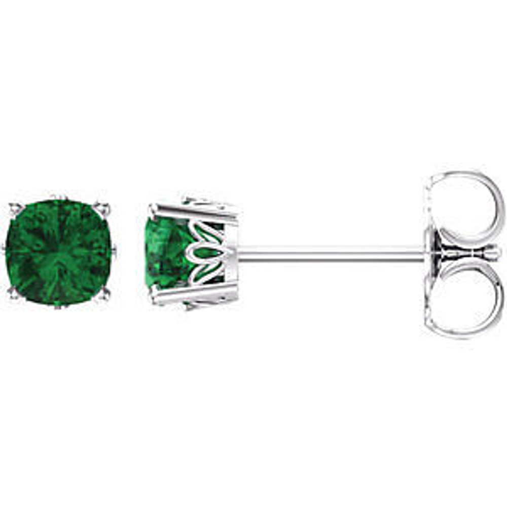 Lush with the dark green hue of nature itself, Emeralds pulse with vitality and are representative of life and excitement. This simple stud design features a 6 x 6mm cushion-cut lab-grown emerald cradled in a 4-prong basket of 14k white gold finished with a friction back post.