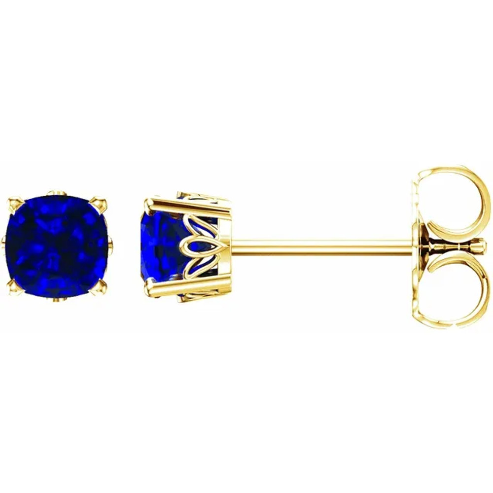 Sapphires prized for their intense velvety color and the calming influence of blue has made it an enduring symbol for loyalty and trust, which also makes it the perfect gift to represent a faithful and steadfast commitment. This simple stud design features a 6 x 6mm cushion lab-grown blue sapphire cradled in a 4-prong basket of 14k yellow gold finished with a tension back post.