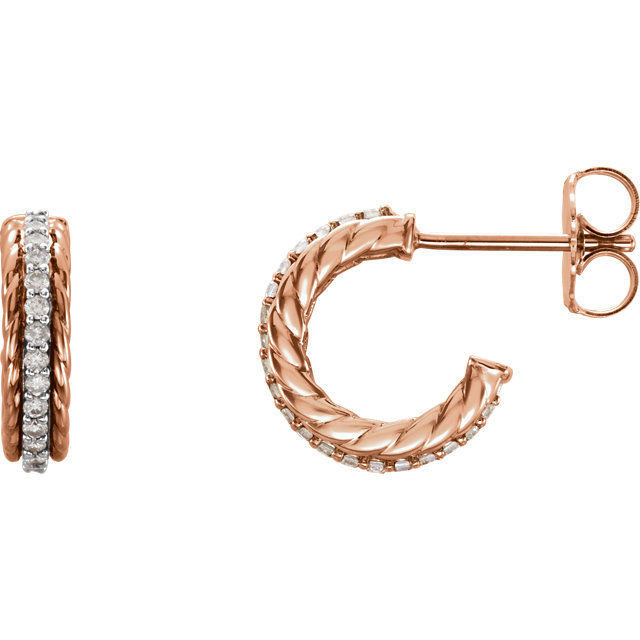 Superb style is found in these 14k rose gold diamond hoop earrings accented with the brilliance of 1/5cts. diamonds.