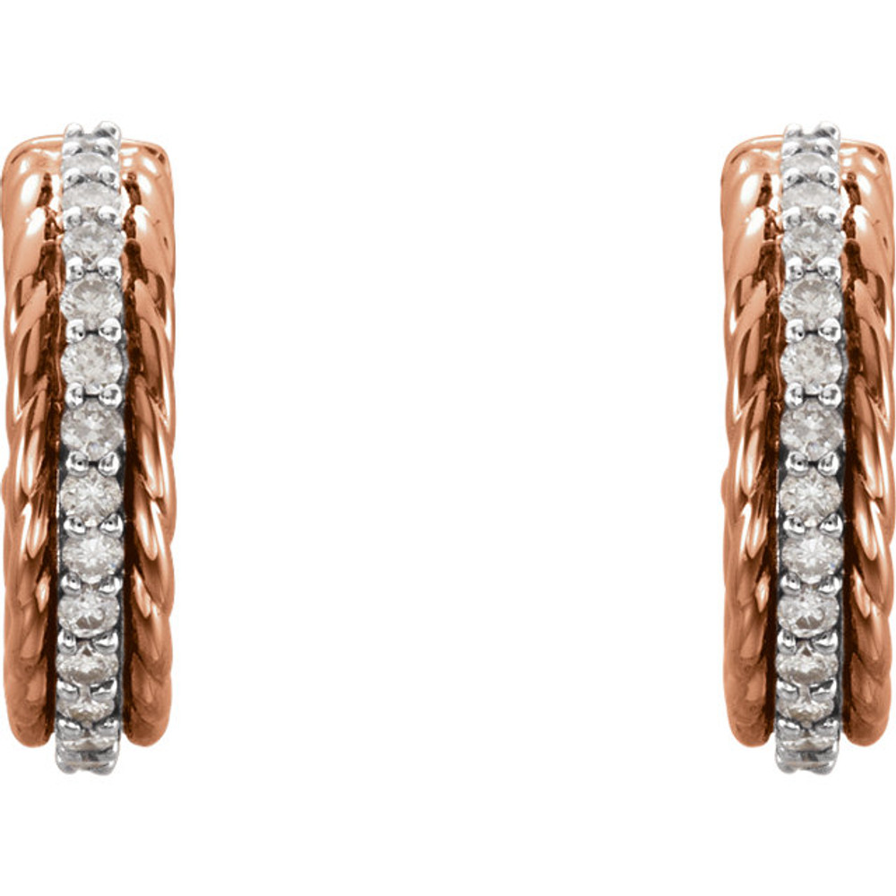 Superb style is found in these 14k rose gold diamond hoop earrings accented with the brilliance of 1/5cts. diamonds. 