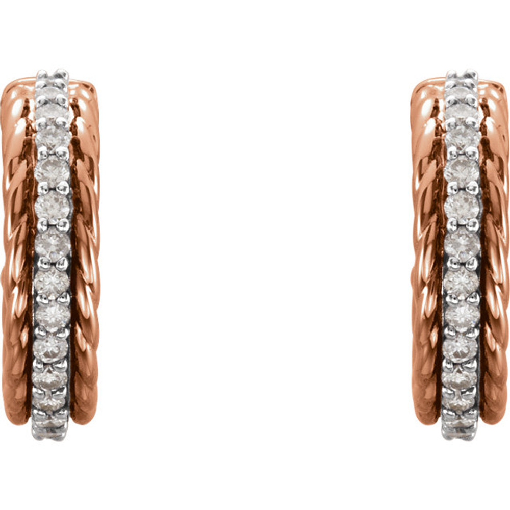 Superb style is found in these 14k rose gold diamond hoop earrings accented with the brilliance of 1/5cts. diamonds.