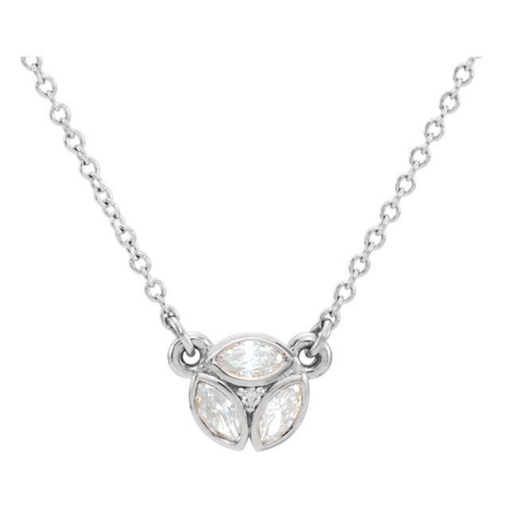 Beautiful platinum 3-stone marquise necklace featuring white shimmering diamonds with 1/4 carats of diamonds hanging from a adjustable 16-18" inch cable chain. Polished to a brilliant shine. 