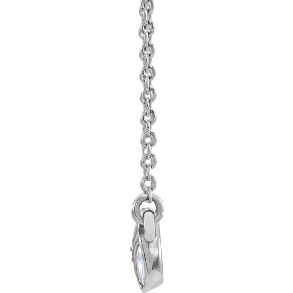 Beautiful platinum 3-stone marquise necklace featuring white shimmering diamonds with 1/4 carats of diamonds hanging from a adjustable 16-18" inch cable chain. Polished to a brilliant shine. 