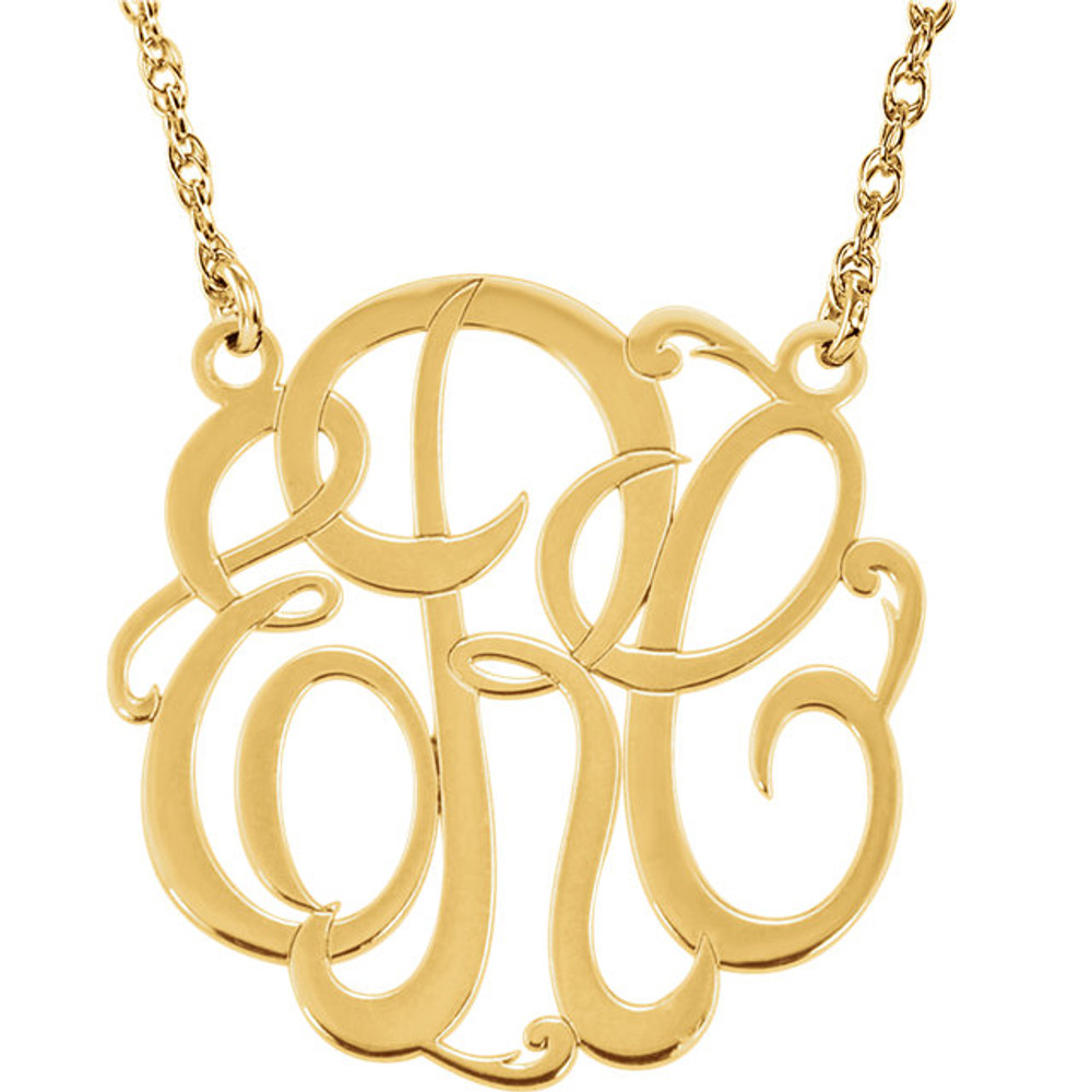 Give her a classic necklace that is personal and individual for her. Fashioned in yellow gold/sterling silver, a circle frames three initials of your choice, in an elegant flowing script monogram font. Enter the initials in the order you would like them. Polished to a bright shine, the pendant suspends on a rope chain that secures with a spring-ring clasp.