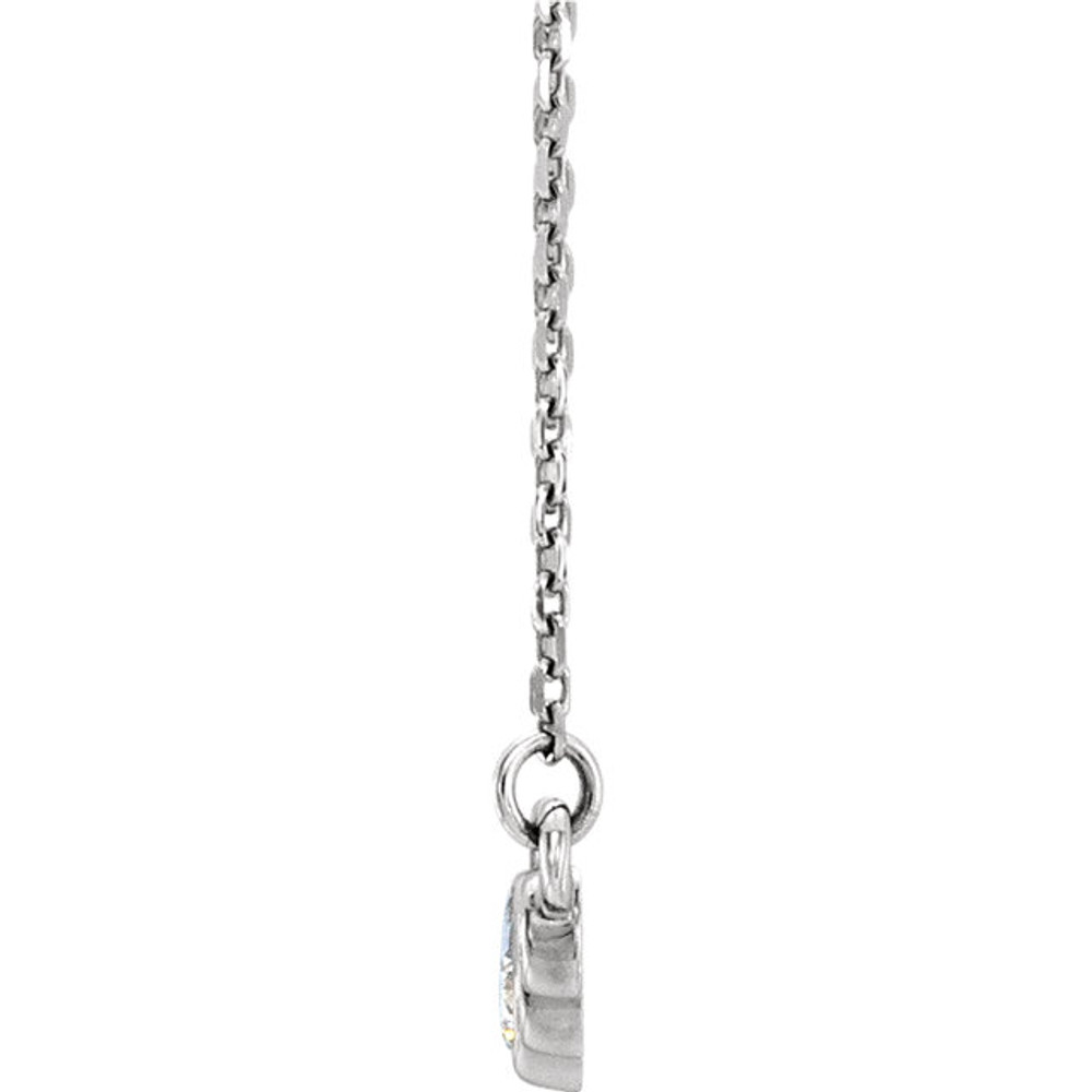 Beautiful Platinum graduated bezel set 1/5 ct. tw. diamond necklace hanging from a 16-18" inch chain which is included.