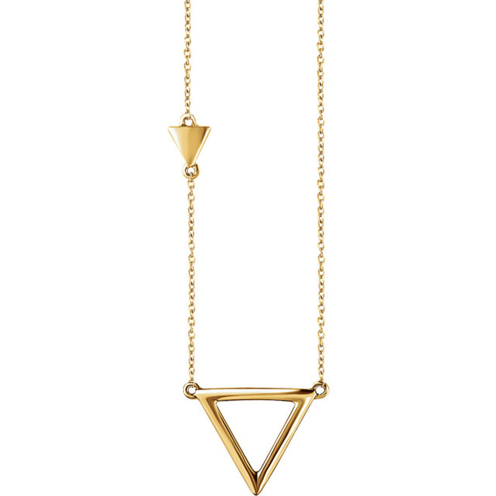 Stunning design is found in this 14k yellow gold Triangle hanging from a 18.00" inch necklace in length. Total weight of the gold is 2.00 grams.