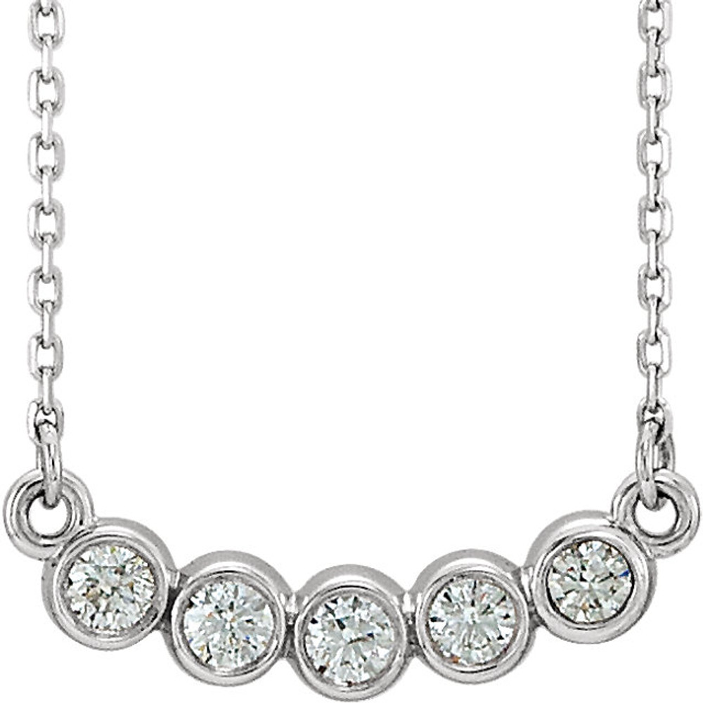 Beautiful Platinum bezel set 1/3 ct. tw. diamond necklace hanging from a 16-18" inch chain which is included.