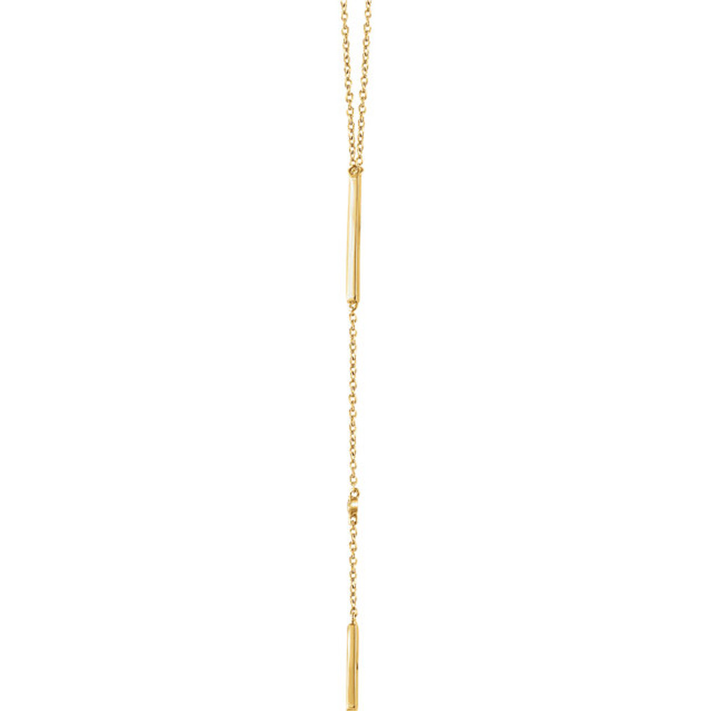 This alluring diamond bar "Y" necklace is striking. Set in 14kt yellow gold with 2 shimmery diamonds weighing .06 ct tw, it is a perfect necklace for the perfect black dress. Don this knockout and all eyes will be on you.