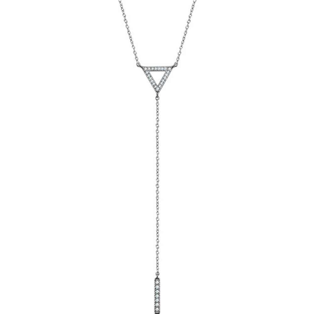 This fashionable Diamond Triangle & Bar Necklace is constructed from 14kt White Gold. Each necklace is adjustable 16" to 18" and features (3) .007ct (7) .010ct (18) .003ct Round Cut I1 H+ Color Genuine Diamonds. Pendant measures is 13.70x12.20mm.