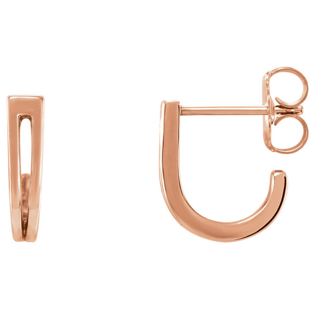 Beautiful 14Kt rose gold Geometric J-Hoop earrings with friction backs. The size of the earring is 11.1x9.74mm. Total weight of the gold is 1.57 grams.