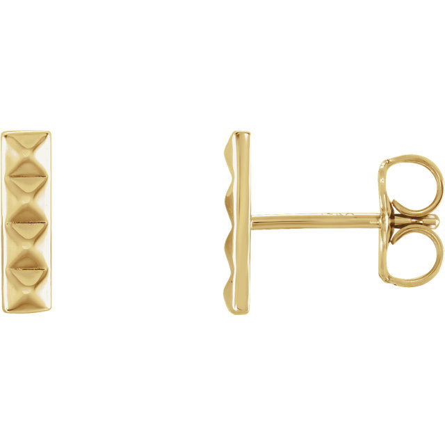 Beautiful 14Kt yellow gold pyramid bar earrings with friction backs. The size of the earring is 9.06x2.52mm. Total weight of the gold is 0.94 grams.