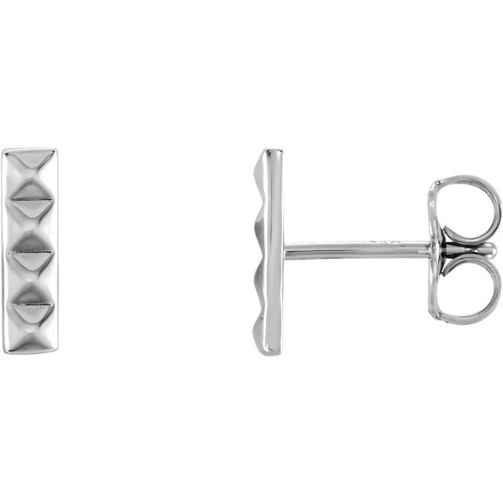 Beautiful sterling silver pyramid bar earrings with friction backs. The size of the earring is 9.06x2.52mm. Total weight of the gold is 0.77 grams.