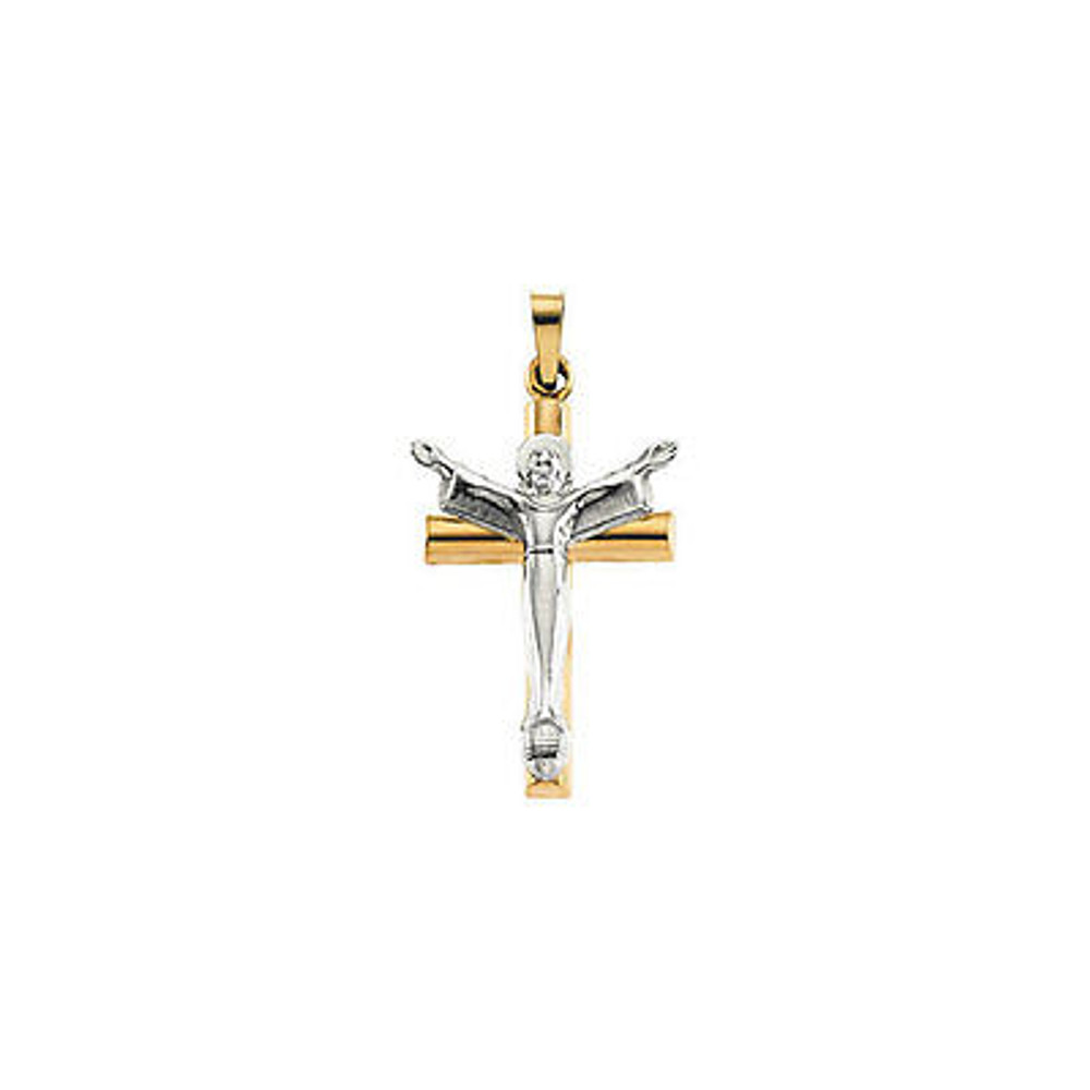 Risen Christ Crucifix Pendant in 14K white/yellow gold has an elegant yet substantial design and measures 24.75x17.00mm. Polished to a brilliant shine. Chain sold separately!