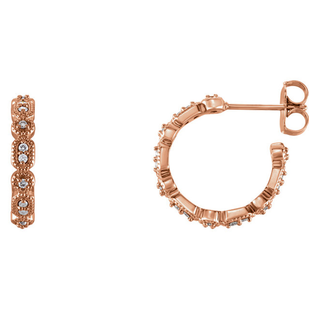 Superb style is found in these 14Kt rose gold Granulated J-Hoop earrings accented with the brilliance of round full cut diamonds. Total weight of the diamonds is 1/6 carats.