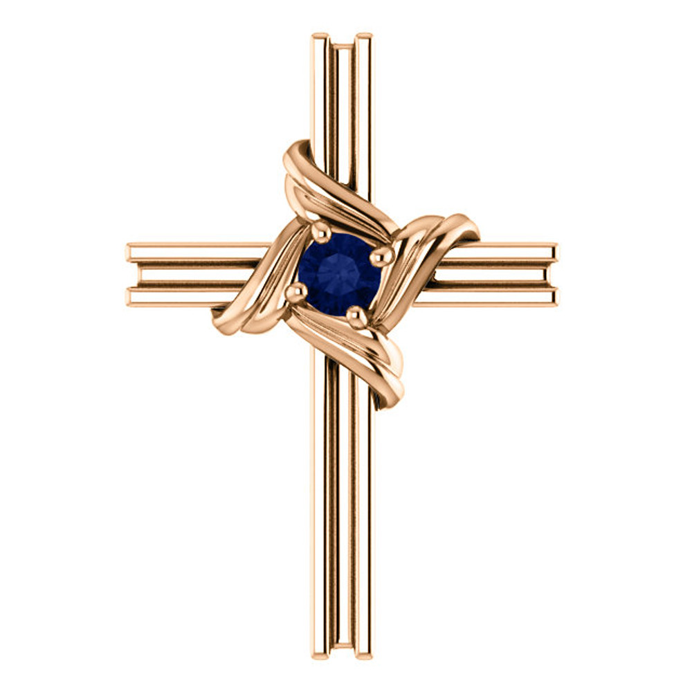 Symbolize your Christian faith with this blue sapphire cross pendant in 14k rose gold. This simple gemstone cross pendant proudly displays one shining round-cut genuine blue sapphire. The pendant has an approximate gold weight of 1.30 grams. Matching chain sold separately!