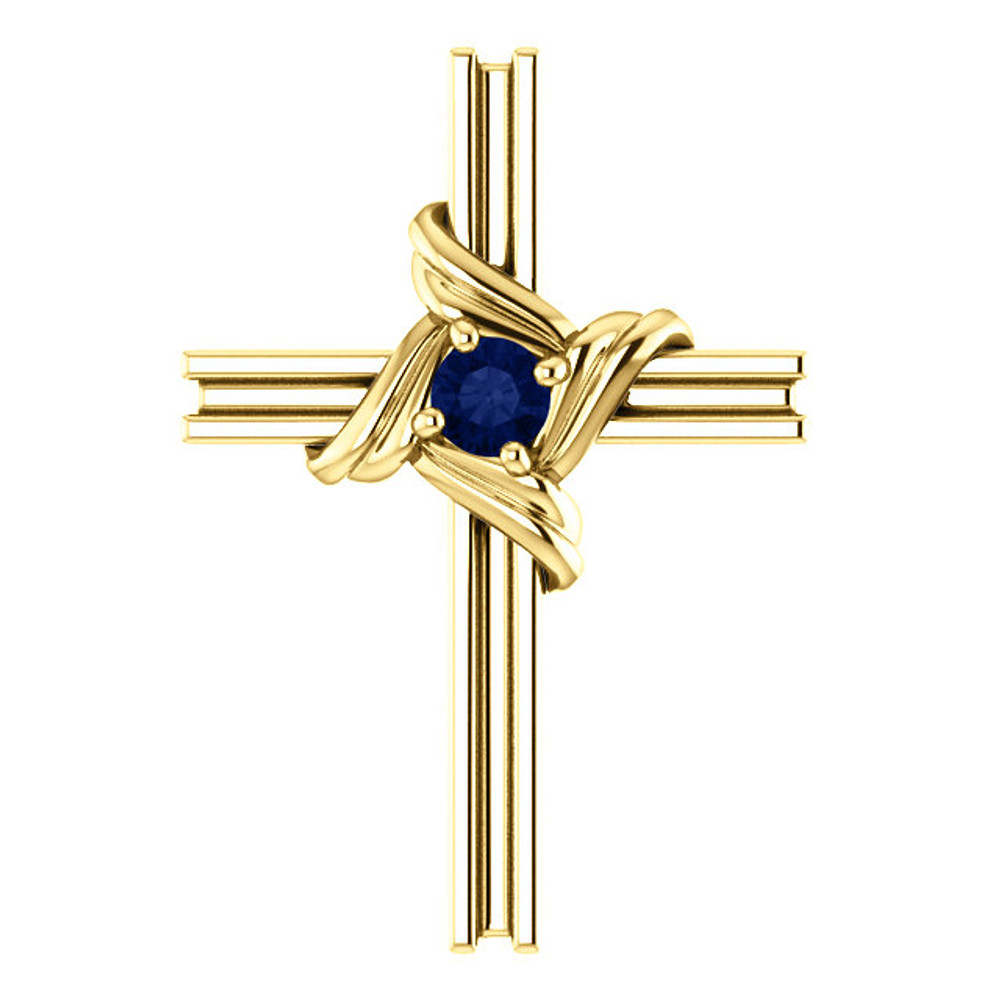 Symbolize your Christian faith with this blue sapphire cross pendant in 14k yellow gold. This simple gemstone cross pendant proudly displays one shining round-cut genuine blue sapphire. The pendant has an approximate gold weight of 1.30 grams. Matching chain sold separately!
