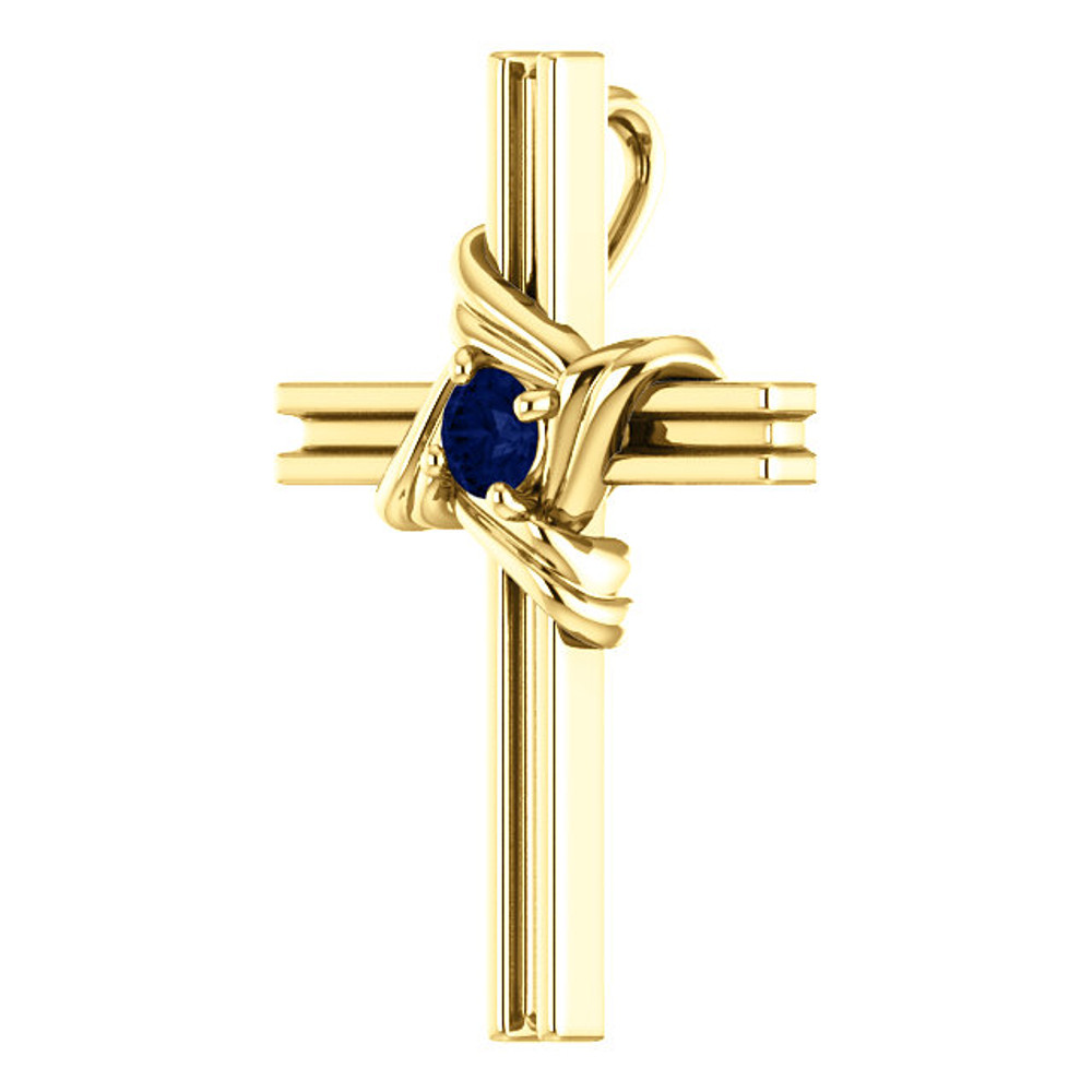 Symbolize your Christian faith with this blue sapphire cross pendant in 14k yellow gold. This simple gemstone cross pendant proudly displays one shining round-cut genuine blue sapphire. The pendant has an approximate gold weight of 1.30 grams. Matching chain sold separately!