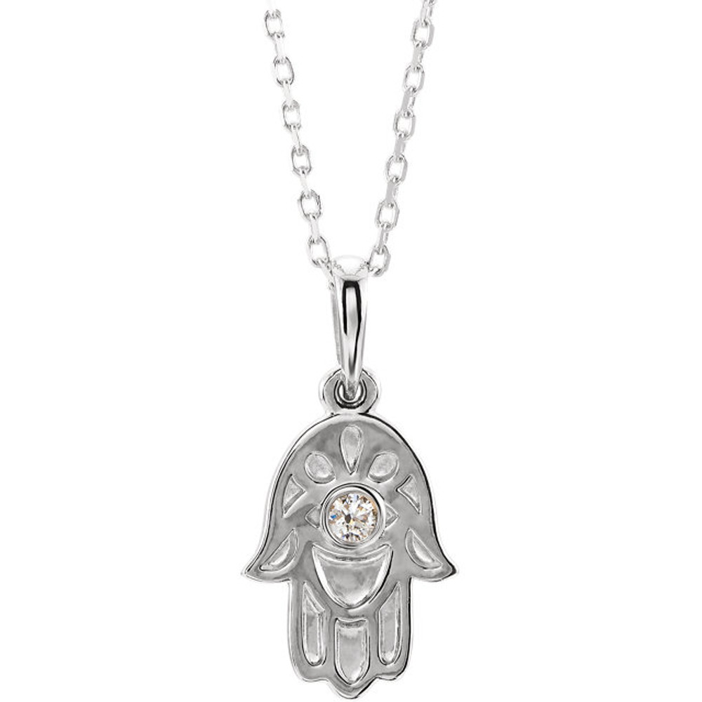 This magnificent religious-style diamond Hamsa (hand of god) necklace comes in 14k white gold and has a bright polish to shine.

Inside this stunning hamsa pendant, an evil eye is centered with a bezel set diamond.