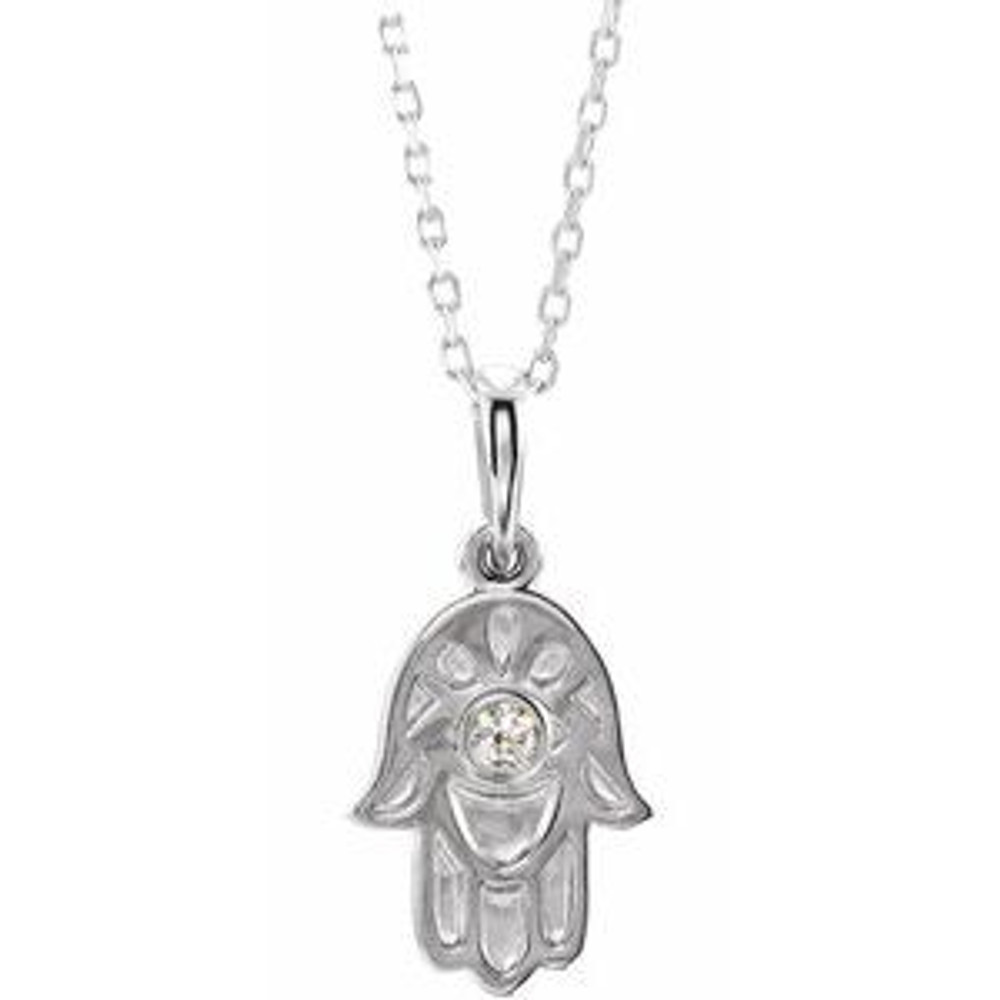 This magnificent religious-style diamond Hamsa (hand of god) necklace comes in 14k white gold and has a bright polish to shine.

Inside this stunning hamsa pendant, an evil eye is centered with a bezel set diamond.