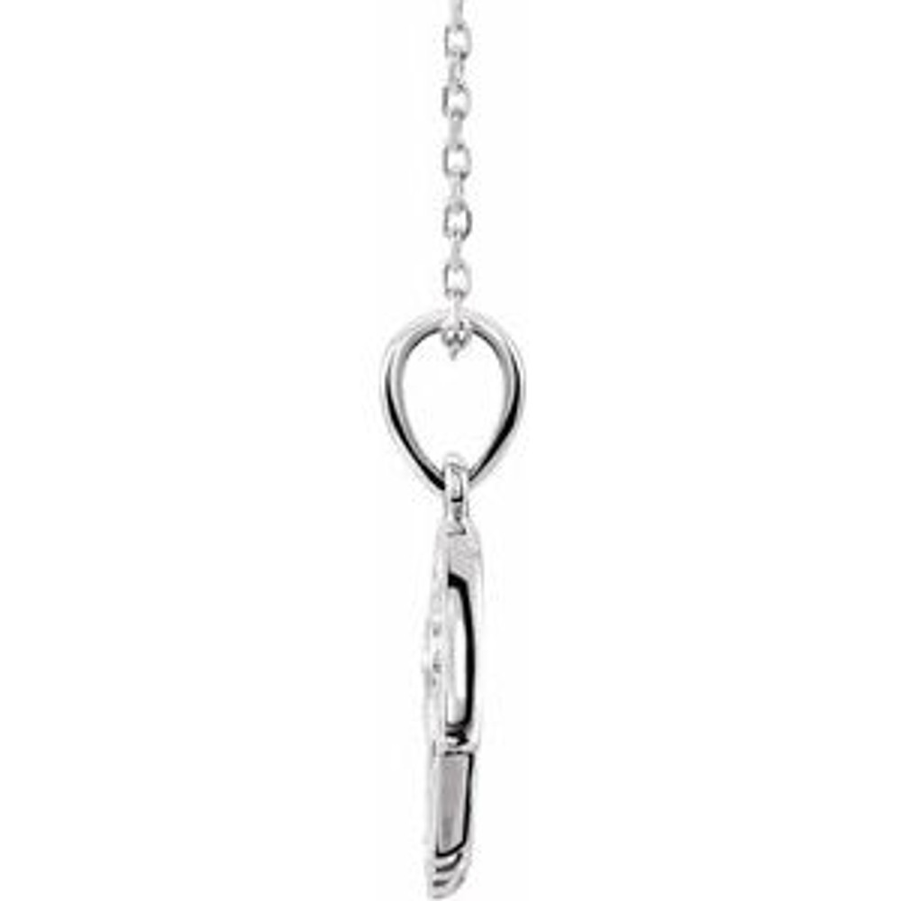 This magnificent religious-style diamond Hamsa (hand of god) necklace comes in 14k white gold and has a bright polish to shine.

Inside this stunning hamsa pendant, an evil eye is centered with a bezel set diamond.