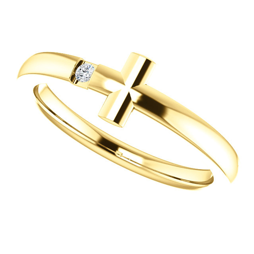 Featuring a round-cut diamond, this 14k yellow gold sideways cross youth ring is a dazzling way to showcase your faith.