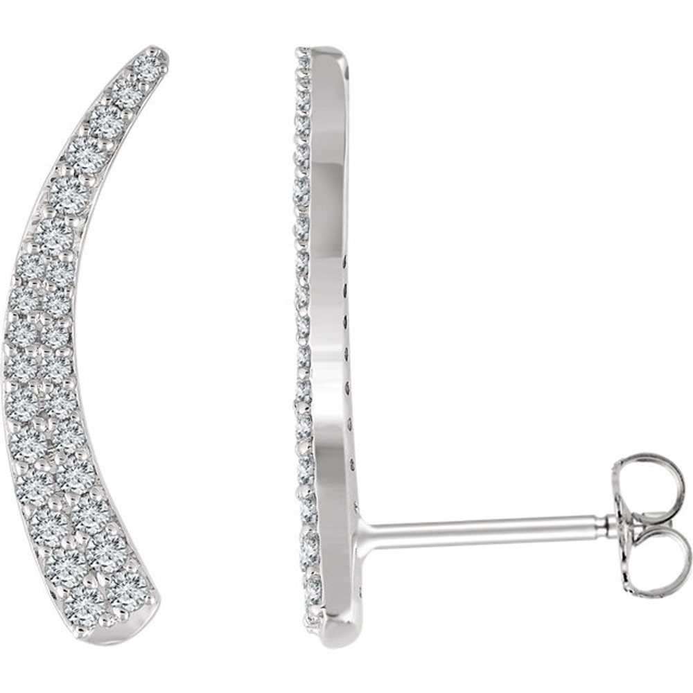 Beautiful pair of 14K Solid White Gold Genuine Diamonds Ear Climbers Curved Design Earrings featuring 3/8 ct. tw. Round genuine Diamonds. These earrings makes an awesome Gift for that special someone in your life.