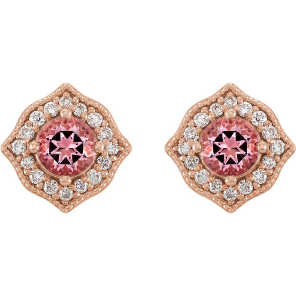 Exquisite 14Kt rose gold halo-style earrings capturing the beauty of a round radiant genuine topaz passion in each surrounded by white shimmering diamonds.