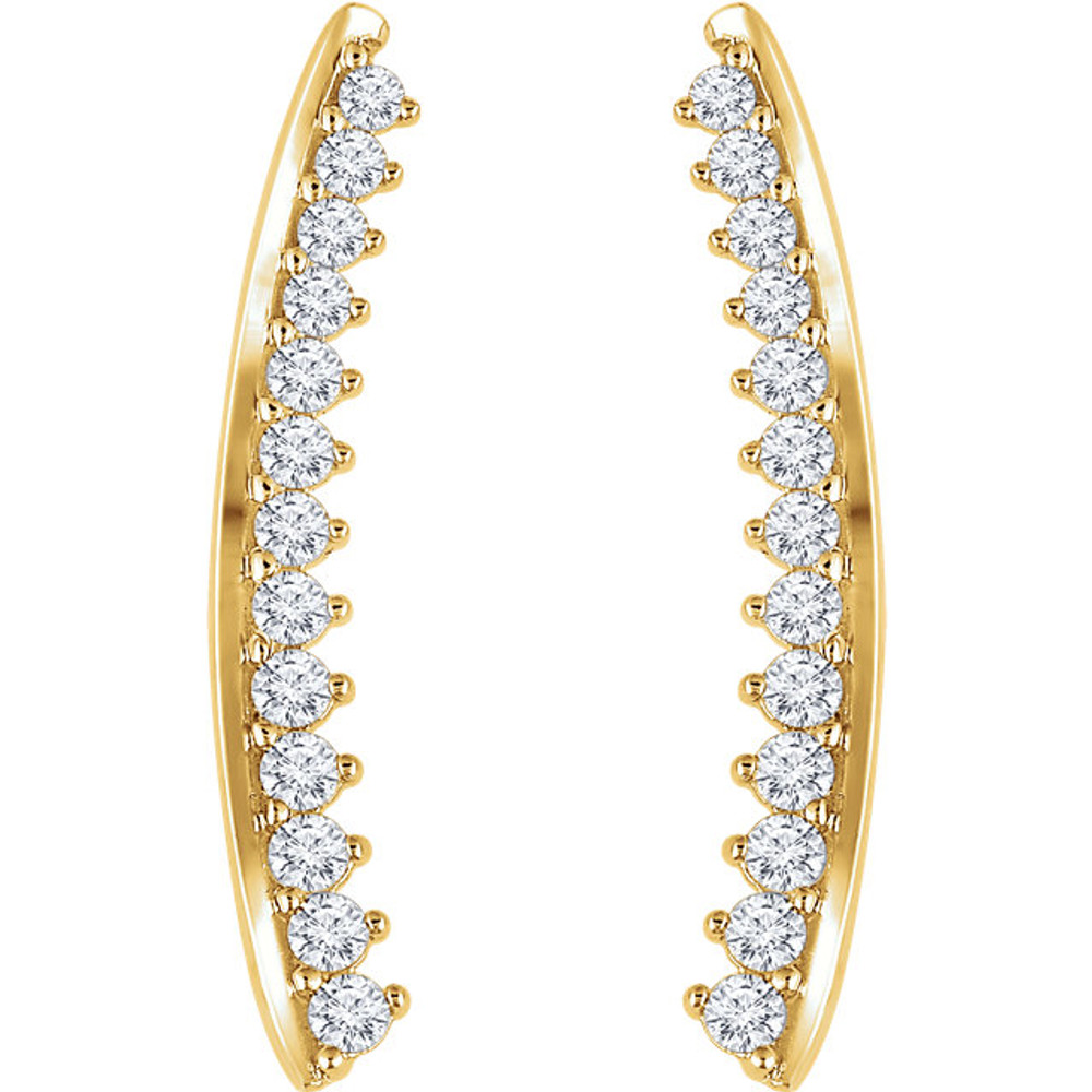 Beautiful pair of 14K Solid Gold Genuine Diamonds Ear Climbers Curved Design Earrings featuring 1/3 ct. tw. round genuine diamonds. These earrings makes an awesome Gift for that special someone in your life.