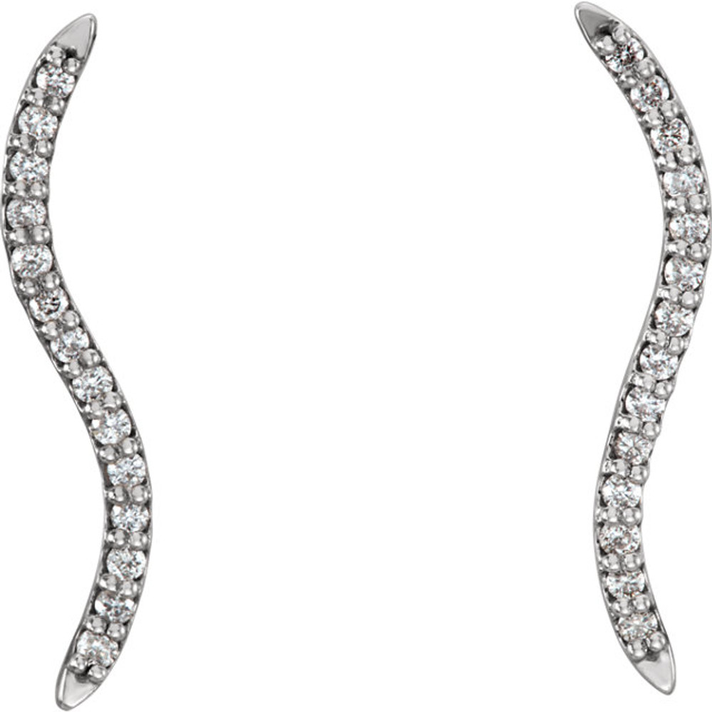 Beautiful pair of Platinum Genuine Diamonds Wavy Ear Climbers Curved Design Earrings featuring 1/6 ct. tw. Round genuine Diamonds. These earrings makes an awesome Gift for that special someone in your life.