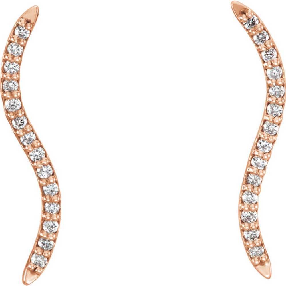 Beautiful pair of 14K Solid Rose Gold Genuine Diamonds Wavy Ear Climbers Curved Design Earrings featuring 1/6 ct. tw. Round genuine Diamonds. These earrings makes an awesome Gift for that special someone in your life.