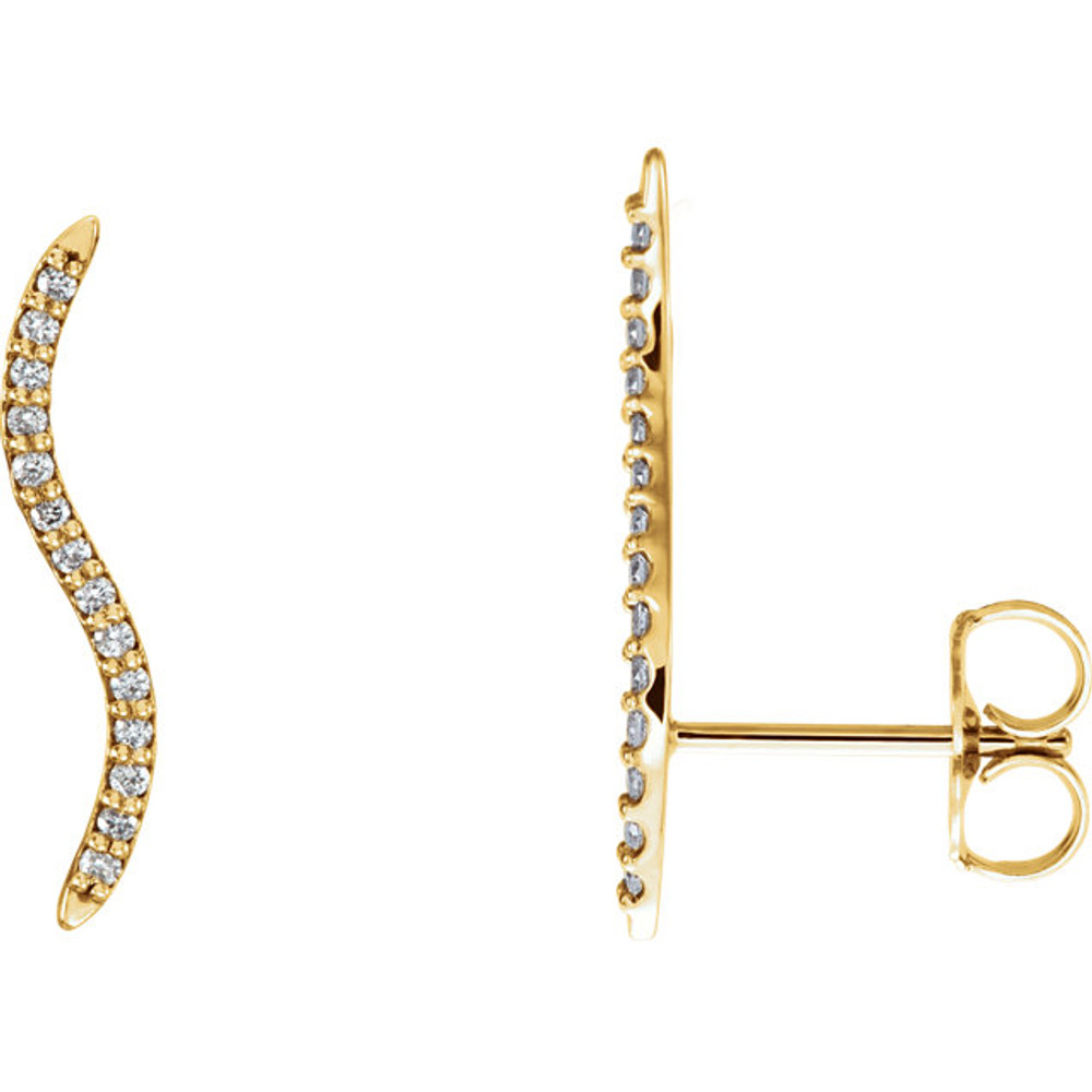 Beautiful pair of 14K Solid Yellow Gold Genuine Diamonds Wavy Ear Climbers Curved Design Earrings featuring 1/6 ct. tw. Round genuine Diamonds. These earrings makes an awesome Gift for that special someone in your life.