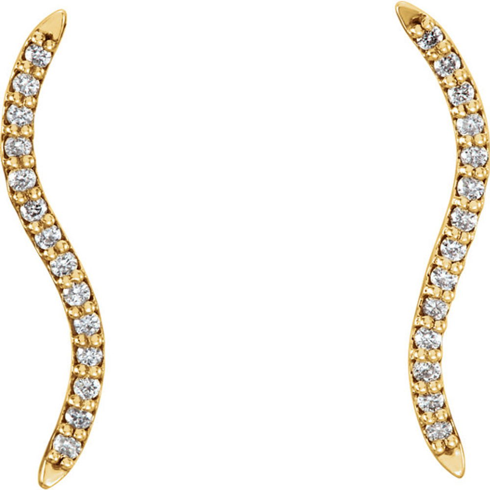 Beautiful pair of 14K Solid Yellow Gold Genuine Diamonds Wavy Ear Climbers Curved Design Earrings featuring 1/6 ct. tw. Round genuine Diamonds. These earrings makes an awesome Gift for that special someone in your life.