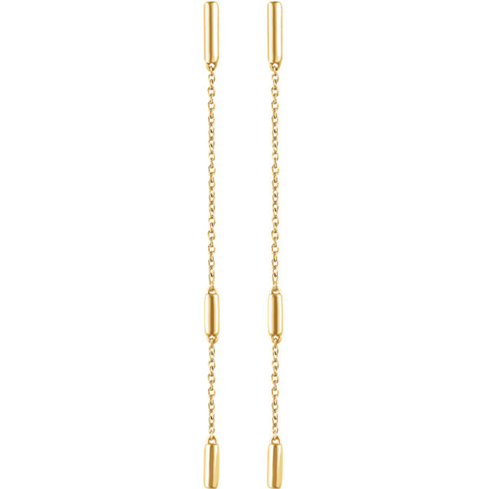 Stylish 14Kt Gold Bar Chain Earrings with friction backs. The length of the earring is 68.30mm. Total weight of the gold is 1.70 grams. These earrings makes an awesome Gift for that special someone in your life.