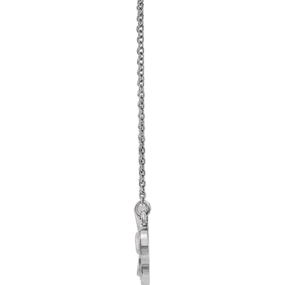 Styled in platinum, this clover necklace is a lovely way to bring luck with you wherever you go. The pendant is suspended from a 18-inch cable chain secured with a spring ring clasp.