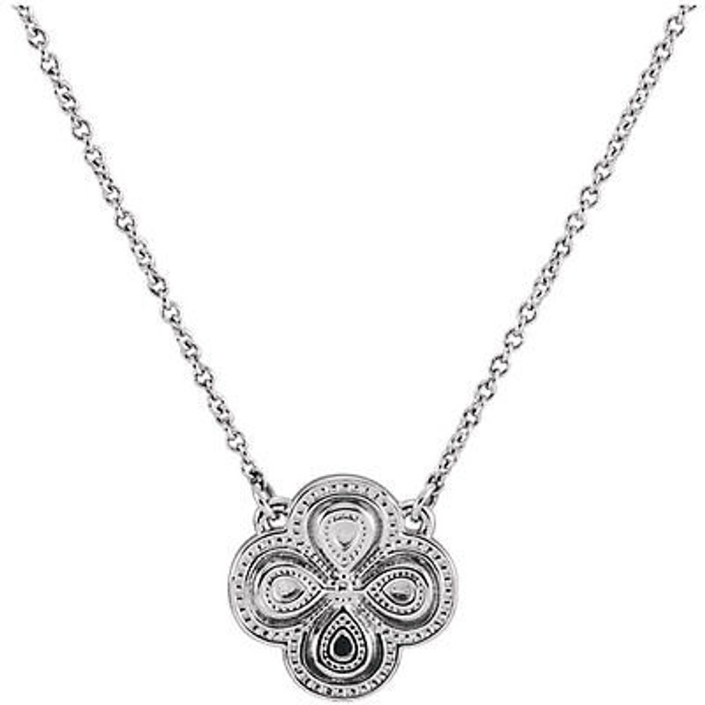 Styled in 14k white gold, this clover necklace is a lovely way to bring luck with you wherever you go. The pendant is suspended from a 18-inch cable chain secured with a spring ring clasp.