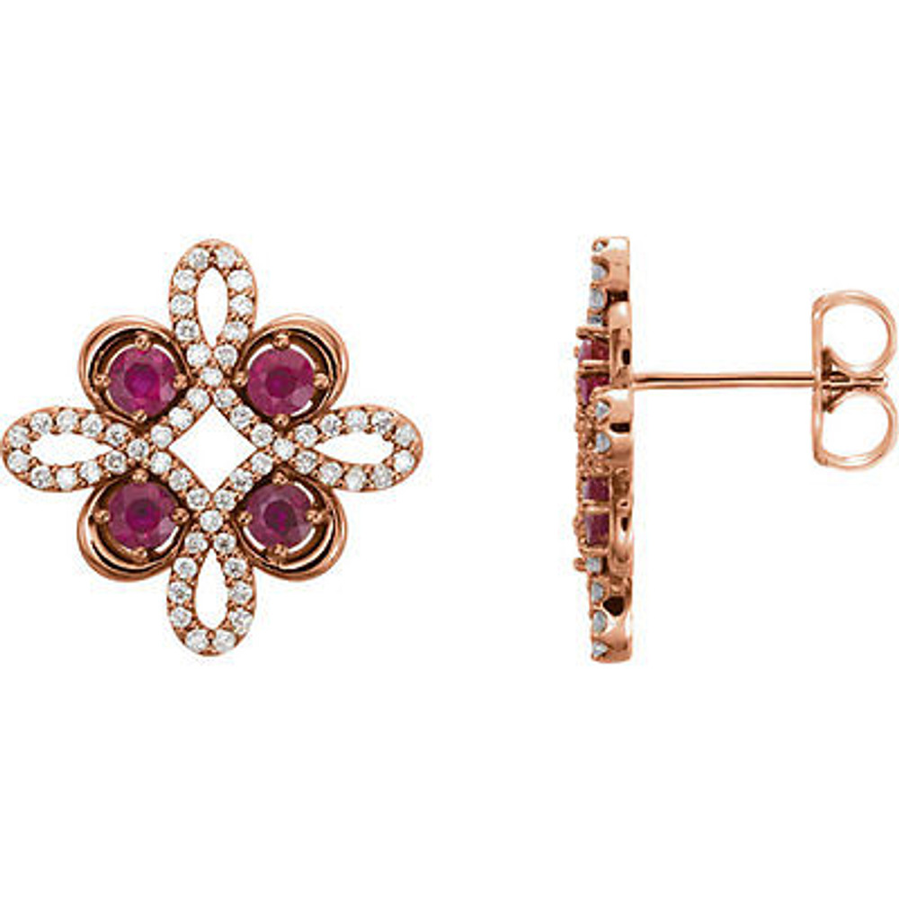 Beautiful 14k rose gold clover earrings featuring eight gorgeous rubies and 1/4 total carat weight of diamonds. 