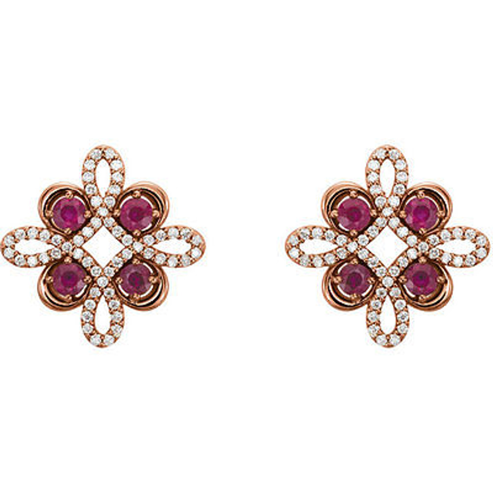 Beautiful 14k rose gold clover earrings featuring eight gorgeous rubies and 1/4 total carat weight of diamonds.