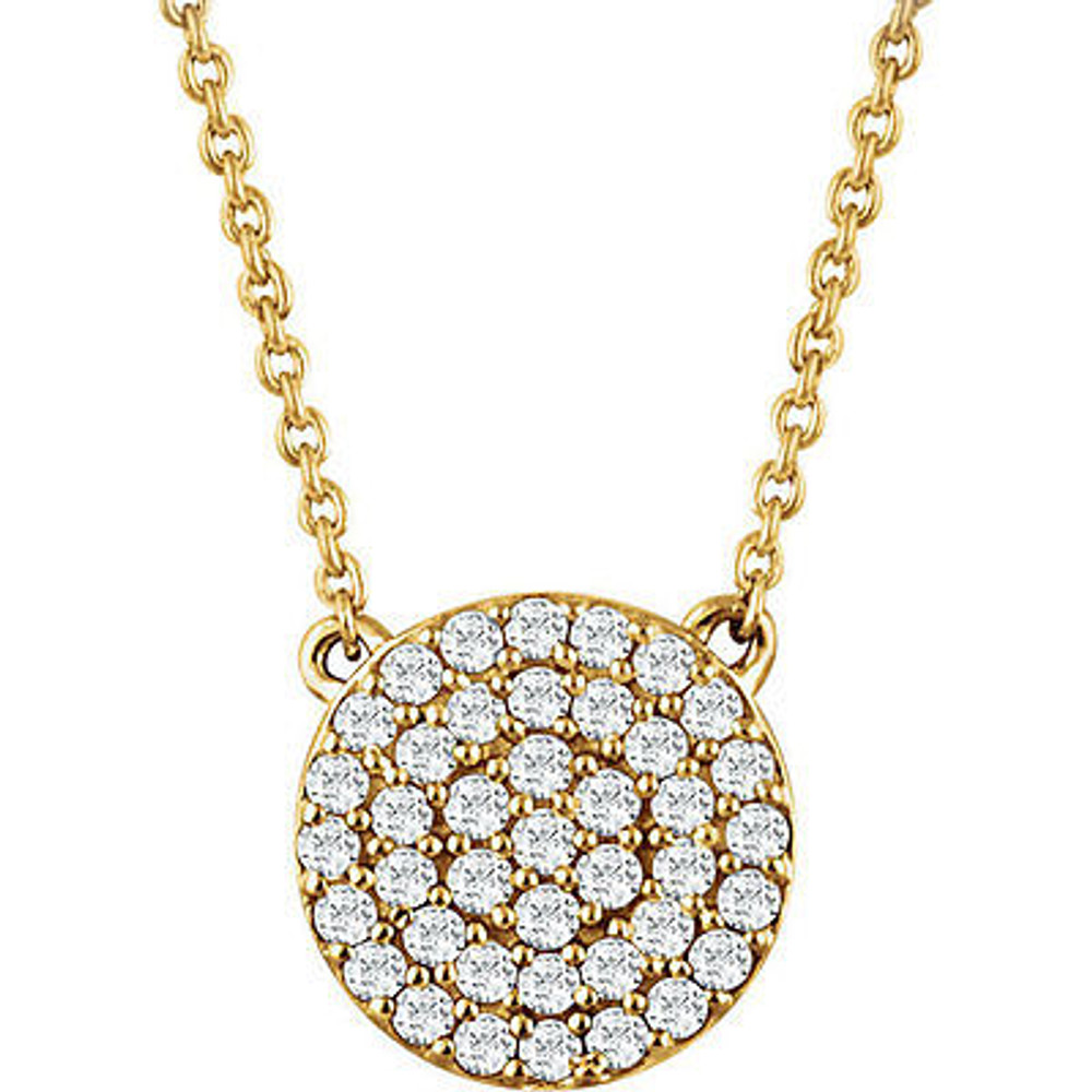 If you want to make a real entrance, don this dramatic diamond pendant necklace. All eyes will be on you and your jeweled d'colletage. You will be instantly transfixed into the one they all want to know even if they are not the actual guest of honor. Set in 14K yellow gold, this pendant is adorned with 41 diamonds.