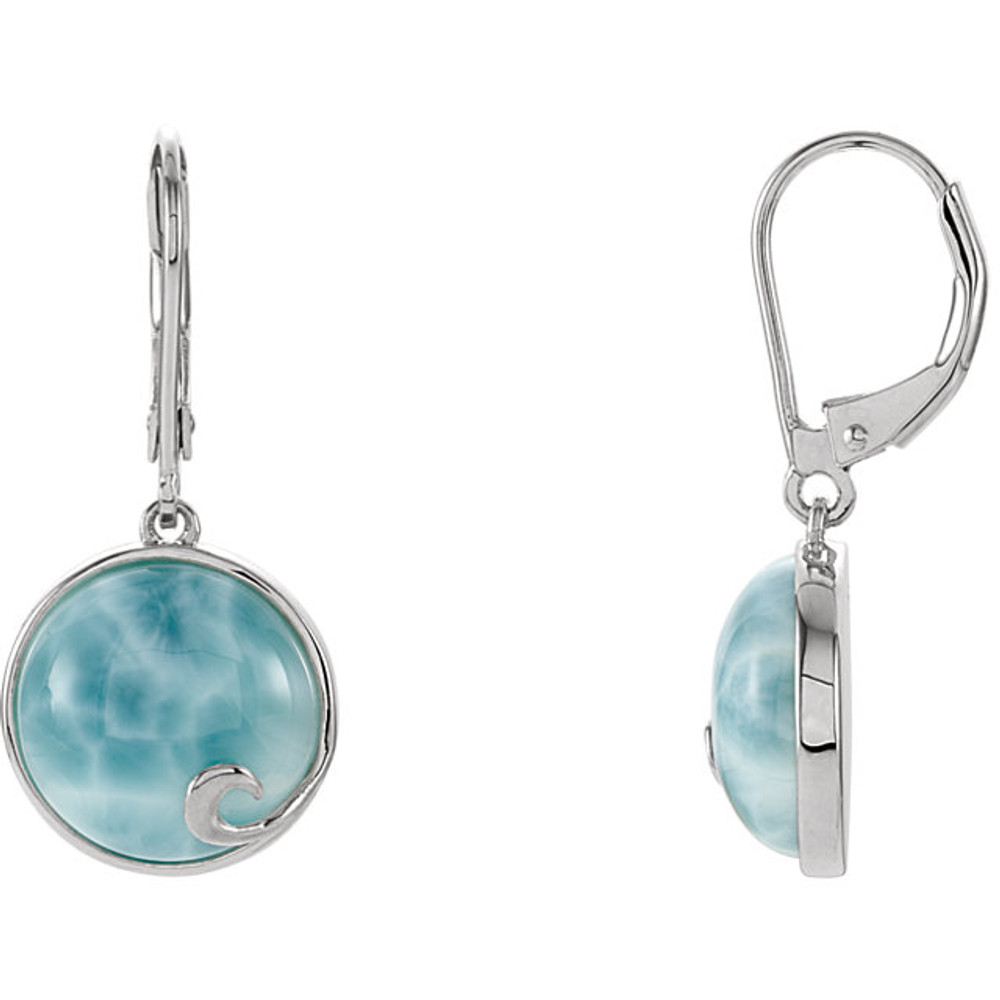 These genuine larimar drop earrings feature a stone as mysterious & stunning as the place they originate, the Dominican Republic.

Soft blues and soothing turquoise reveal white flashes throughout these Larimar stones, each measuring 13 x 13mm. That's an approximate total weight of 15.20 carats.

Bezel set into a .925 sterling silver round design with a lovely artistic swirl, these larimar gemstone earrings take you anywhere you want to go.