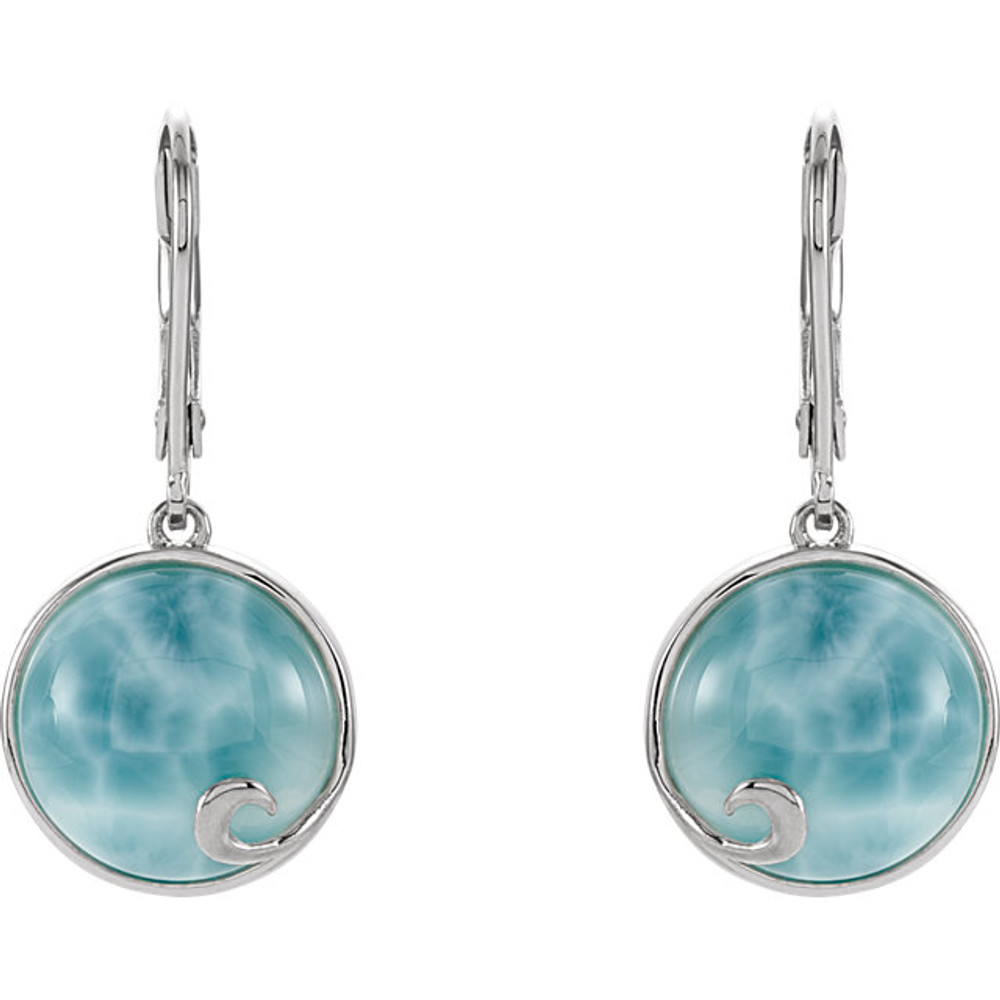 These genuine larimar drop earrings feature a stone as mysterious & stunning as the place they originate, the Dominican Republic.

Soft blues and soothing turquoise reveal white flashes throughout these Larimar stones, each measuring 13 x 13mm. That's an approximate total weight of 15.20 carats.

Bezel set into a .925 sterling silver round design with a lovely artistic swirl, these larimar gemstone earrings take you anywhere you want to go.