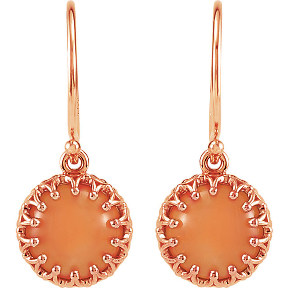 Delightfully colorful, these hand-selected gemstone earrings feature genuine round pink coral gemstones complemented by 14k rose gold drop earrings.
